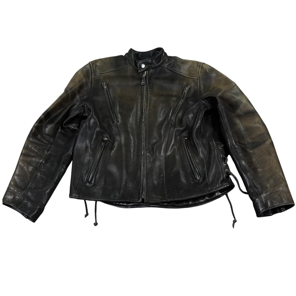 Wilsons Leather Jacket Mens Large Black Biker Moto Genuine Leather YKK Heavy Tie